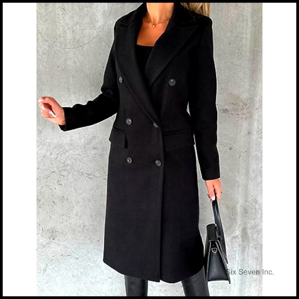 Woolen Fabric Long Double Breasted Trench Coat Fall Winter Pea Coat - Picture 2 of 3